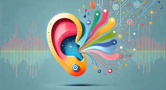 Colourful ear with abstract sound waves and lines