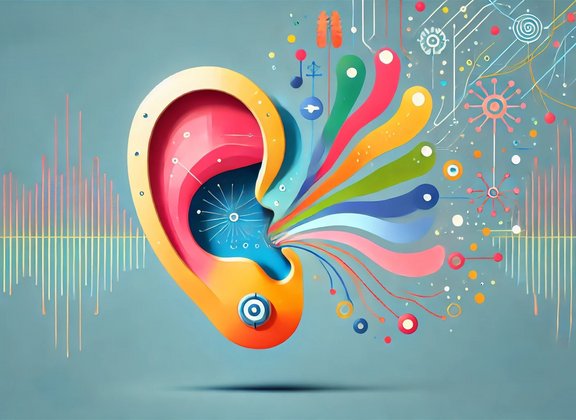 Colourful ear with abstract sound waves and lines