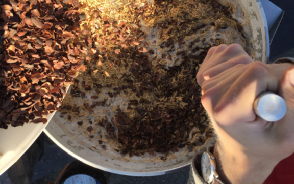 Brewing ingredients being mixed in a large pot